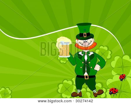 Vektor illustration af en irsk leprechaun på stråler og colver baggrund for St. Patrick's Day.