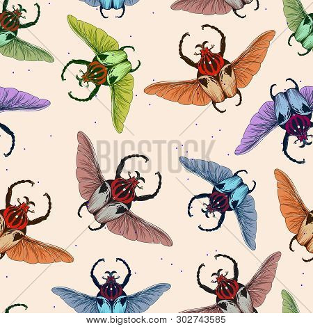 Seamless Pattern With Goliath Beetle. Vector Illustration