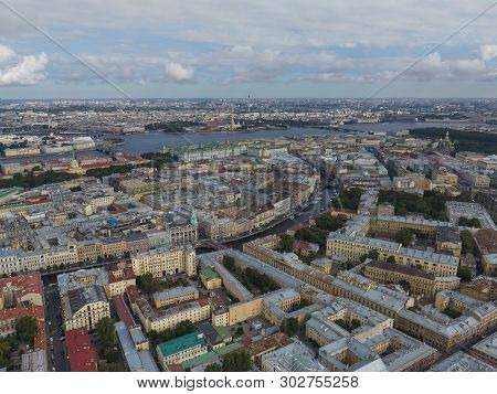 Panoramic View Of Saint Petersburg, Drone Photo, Summer Day. Sennoy District. River Neva And The Riv
