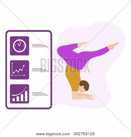Vector Illustration With Person Does Yoga Exercise, Yoga Pose And Display With Yoga App. Yoga For Ev