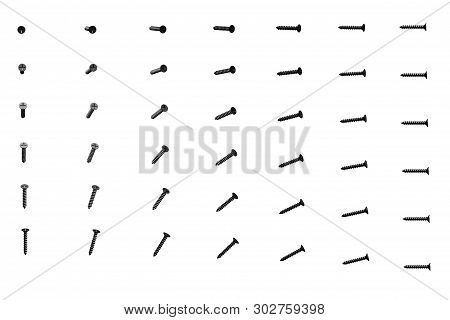 Nice Industrial 3d Illustration Of A Lot Of Black Self-tapping Screws Rotated By Different Angles Is