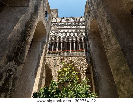Ravello, Italy - June 16, 2017:  View Of Gothic Cloister Columns Of Villa Rufolo In Ravello, Amalfi 