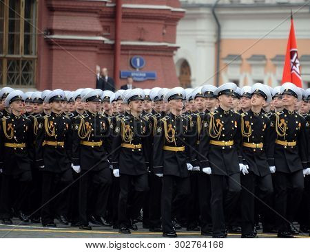 Moscow, Russia - May 9, 2019: Cadets Of The Kronstadt Naval Cadet Military Corps During The Parade O