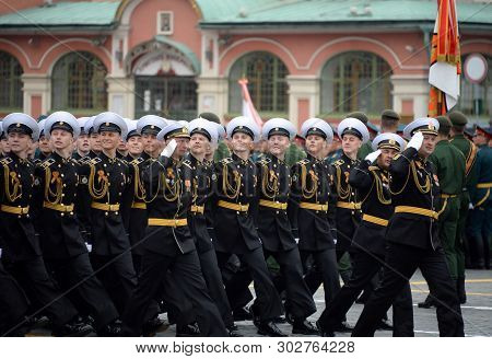 Moscow, Russia - May 9, 2019: Cadets Of The Kronstadt Naval Cadet Military Corps During The Parade O