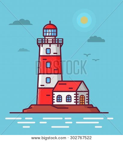 Lighthouse Tower Lodge On The Rock. Navigation Beacon For The Ships.landscape Sea With Waves A Beaco