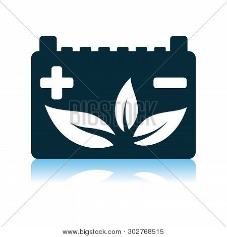 Car Battery With Leaf Icon. Shadow Reflection Design. Vector Illustration.
