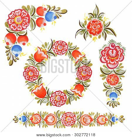 Collection Of Traditional Painting In Russian Style - Gyrodec. Design Elements Set Folk Painting Gor