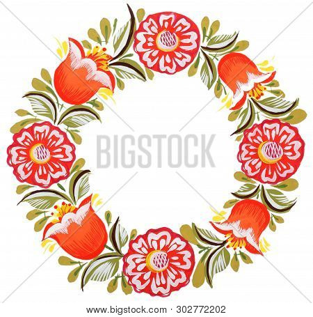 Traditional Painting In Russian Style Circle Template. Round Composition Frame Folk Painting Gorodec
