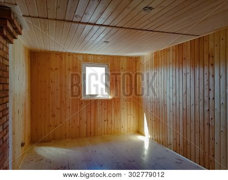 Empty New Living Room In A Wooden Countryhouse - Wooden Walls And Parquet Flooring