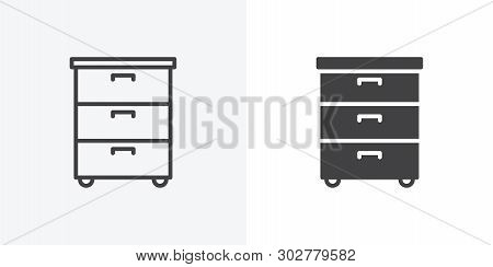 Office Documents Cabinet Icon. Line And Glyph Version, Cupboard With Three Drawers Outline And Fille