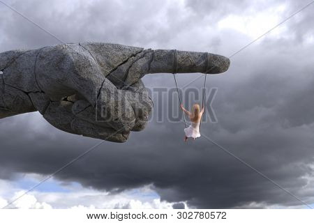 girl riding on a monument to the overthrown dictator, 3d illustration