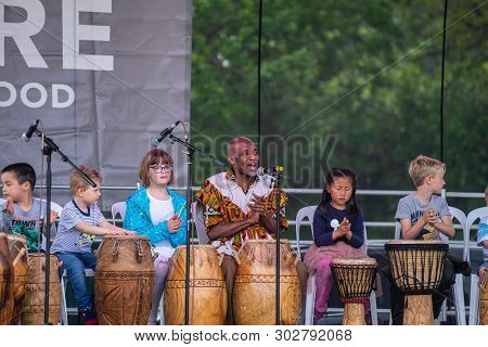 Bedford, Bedfordshire, Uk. May 19, 2019. Drummer And Kids.free Community Event In Bedford Park
