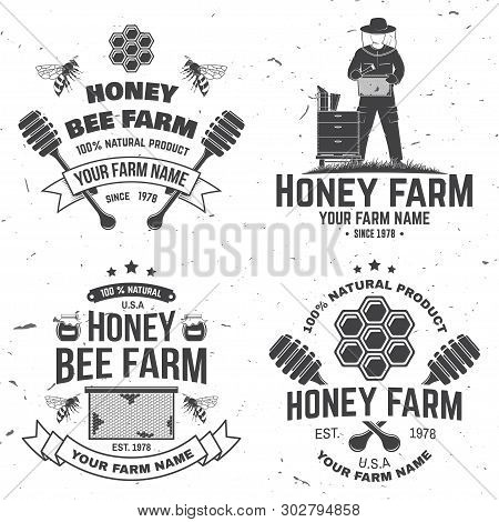 Set Of Honey Bee Farm Badge. Vector. Concept For Shirt, Print, Stamp Or Tee. Vintage Typography Desi