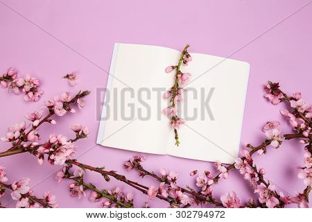 Mock Up Notebook And Sprigs Of The Apricot Tree With Flowers On Pastel Colour Background. He Concept