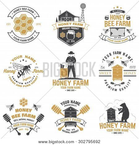 Set Of Honey Bee Farm Badge. Vector. Concept For Shirt, Print, Stamp Or Tee. Vintage Typography Desi
