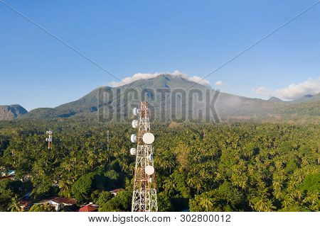 Telecommunication Tower, Communication Antenna On Camiguin Island, Philippines. Repeaters On A Metal