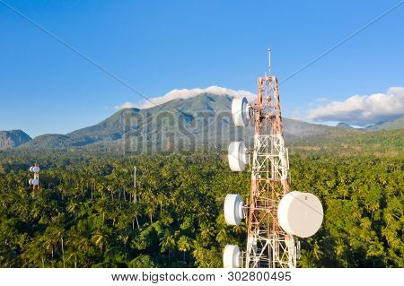 Telecommunication Tower, Communication Antenna On Camiguin Island, Philippines. Repeaters On A Metal