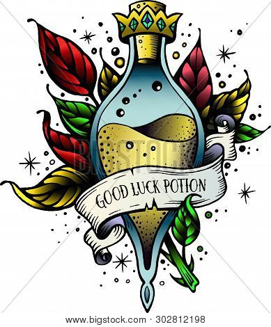 Witch And Magic Flask Potion With Crown, Branches With Leaves, Decorative Tape For Your Inscription.