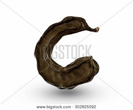 Close-up One Dried Brown Carob Fruit Isolated On White Background. Food And Drink Ingredient.