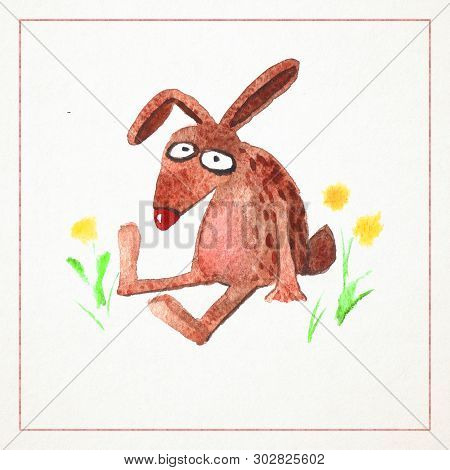 Hand Drawn Watercolor Card With Funny Rabbit