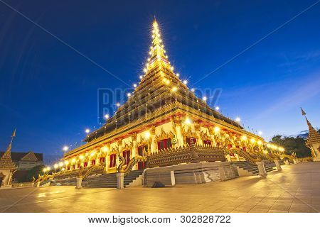 Full Lighting Is Covered Every Storey Of Very High Pagoda. Nongwang Pagoda, Khonkaen, Thailand.