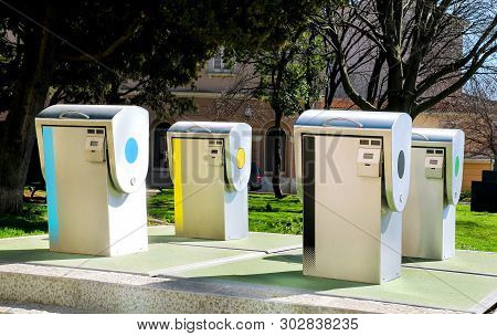 Recycling Industry. Modern Recycling Containers On The City. Refuse Bins In Traditional Europe City.
