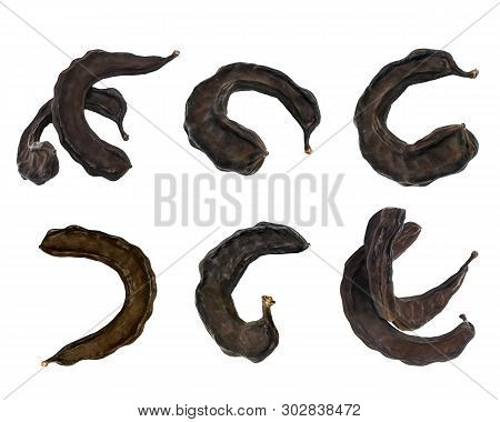 Close-up Dried Brown Carob Fruits Isolated On White Background. Group Of Food And Drink Ingredients.