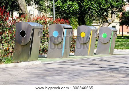 Recycling Industry. Modern Recycling Containers On The City. Refuse Bins In Traditional Europe City.