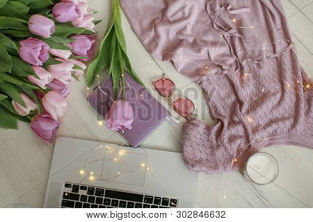 Flat Lay Canddle Laptop Plaid, Pink Tulips White Surface.