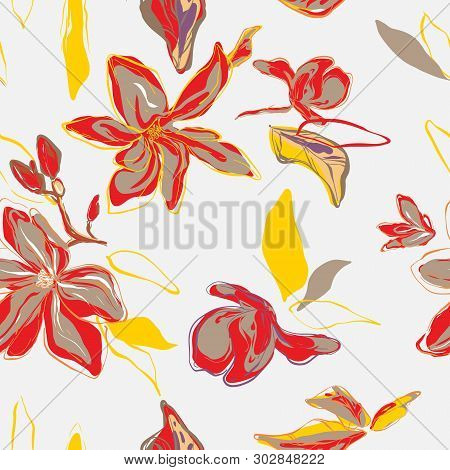 Floral Palm Leaves And Flowers In Red Yellow Colors Pattern. Tropical Summer Exotic Decoratio.  Bota