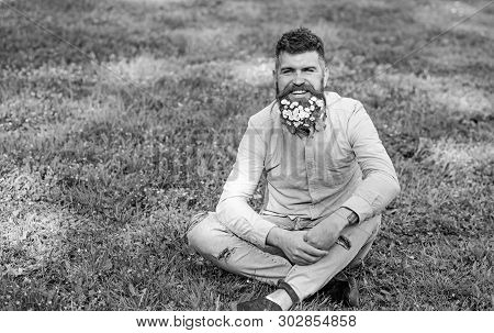 Man With Beard On Smiling Face Enjoy Life Without Allergy. Spring Allergy Concept. Hipster With Dais