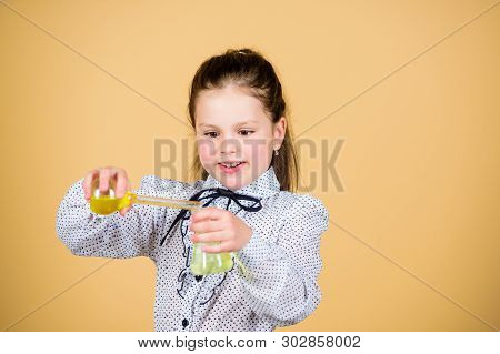 Child Study Bilogy Lesson. Small Smart Girl With Testing Flask. Back To School. Science Research In 