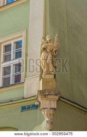 Krakow Poland. April 2019. A View Of Architectural Detail In The Medieval Old Town In Krakow Poland