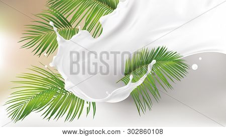 Milk Splash Swirl Realistic Vector Background. White Liquid Organic Milk On Background Of Tropical G