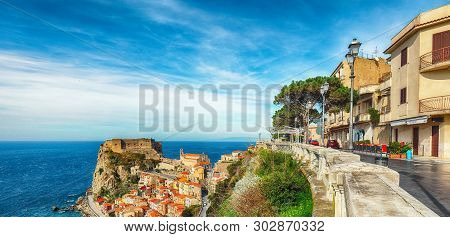 Beautiful Seaside Town Village Scilla With Old Medieval Castle On Rock Castello Ruffo, Colorful Trad