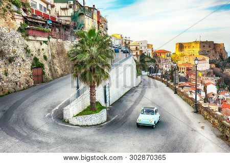 Beautiful Seaside Town Village Scilla With Old Medieval Castle On Rock Castello Ruffo, Colorful Trad