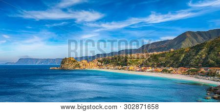 Aerial Top View Of Sandy Beach Of Tyrrhenian Sea Bay Gulf Coast Shore Of Beautiful Seaside Town Vill