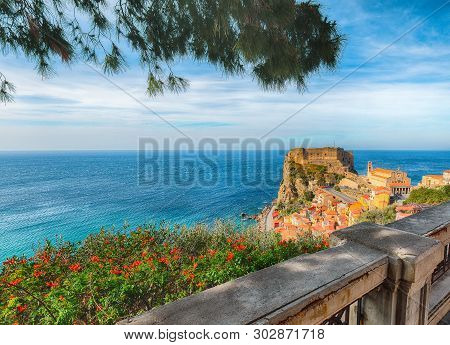 Beautiful Seaside Town Village Scilla With Old Medieval Castle On Rock Castello Ruffo, Colorful Trad