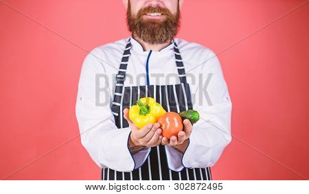 Time For Dinner. Bearded Man Cook In Kitchen, Culinary. Vegetarian. Mature Chef With Beard. Healthy 