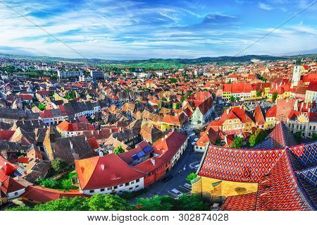 View From Bell Tower Of St Mary Cathedral On The Old Town In Sibiu City. Aerial Cityscape Of Sibiu T