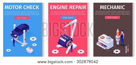 Car Service Mobile Oriented Set. Lettering Media Page With Isometric Masters Characters Working With