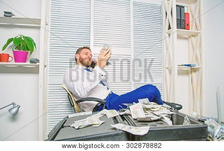 Man Earn Money On Mobile Conversation Fraud. Blackmail And Money Extortion. Illegal Money Profit Con
