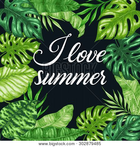 Tropical Summer Frame With Green Palm Leaves On A Black Background. Hand Drawn Vector Illustration. 