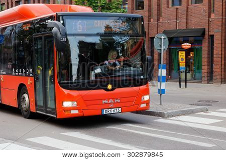 Karlstad, Sweden - May 21, 2019: Front View Of An Orange City Bus In Service On Line 6 Operated By T