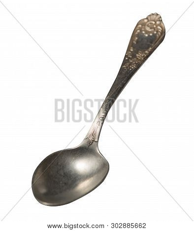 Spoon Isolated On White Background. Metal Spoon. Vintage Spoon Cutlery Top Side  Ivew