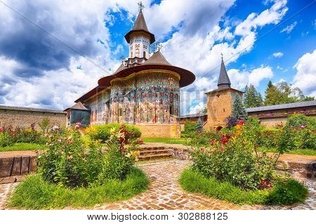 Splendid Summer Scene Of Sucevita Monastery Romanian Orthodox Monastery. Eastern Orthodox Church, Bu