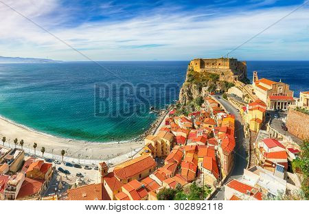 Beautiful Seaside Town Village Scilla With Old Medieval Castle On Rock Castello Ruffo, Colorful Trad
