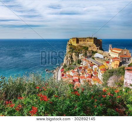 Beautiful Seaside Town Village Scilla With Old Medieval Castle On Rock Castello Ruffo, Colorful Trad