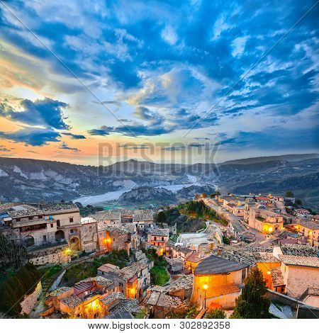 Sunrise Over Old Famous Medieval Village Stilo In Calabria. View On City And Valley. Southern Italy.