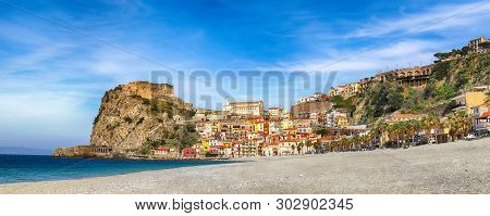 Beautiful Seaside Town Village Scilla With Old Medieval Castle On Rock Castello Ruffo, Colorful Trad